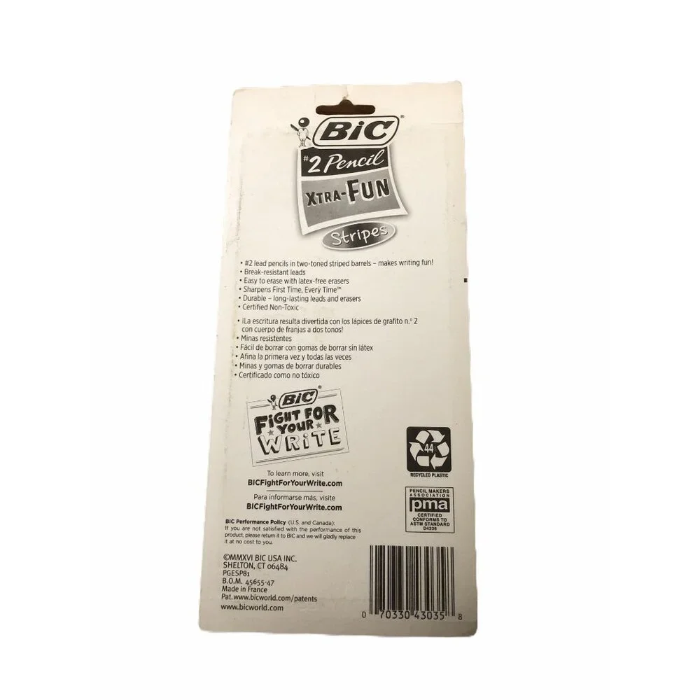BIC‎ Xtra Fun 2 HB Pencils Striped Durable Leads & Latex Free Erasers Pack Of 8